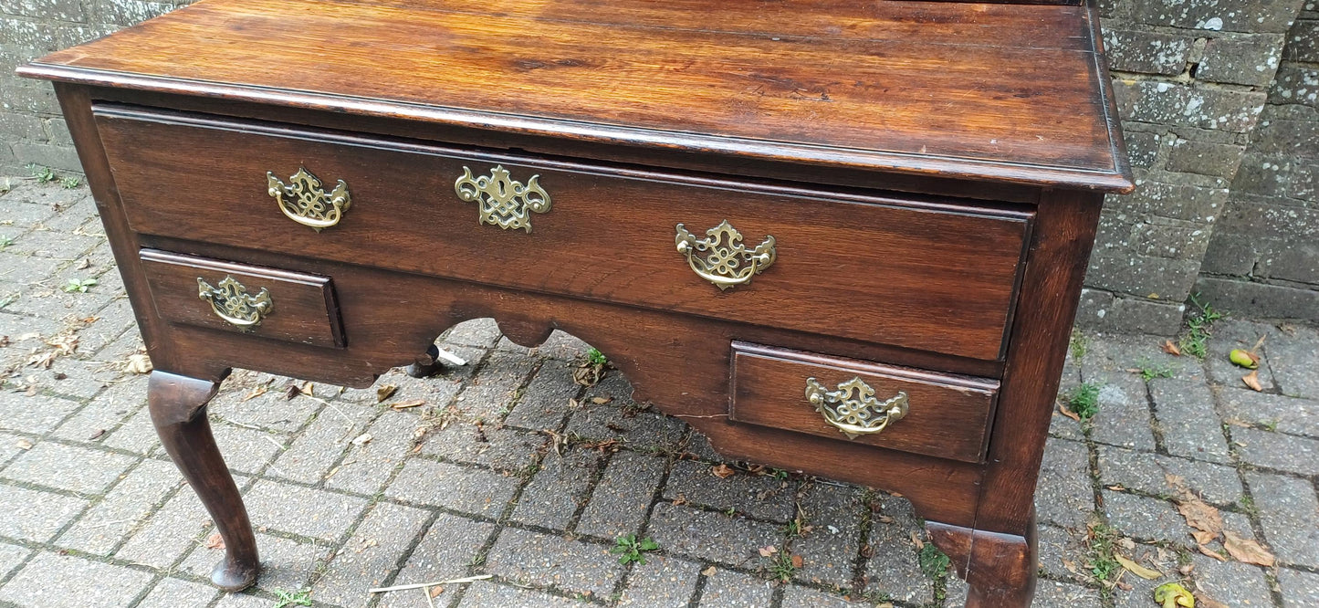 Antique Georgian Style Oak Welsh Dresser Base and Rack – Dark Stained Sideboard with Drawers and Open Shelves c.1920s Jacobean Revival