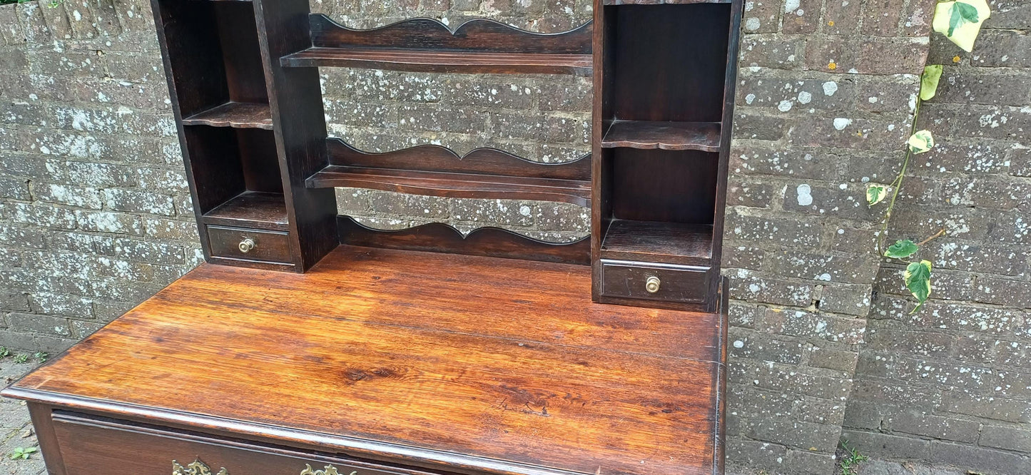 Antique Georgian Style Oak Welsh Dresser Base and Rack – Dark Stained Sideboard with Drawers and Open Shelves c.1920s Jacobean Revival