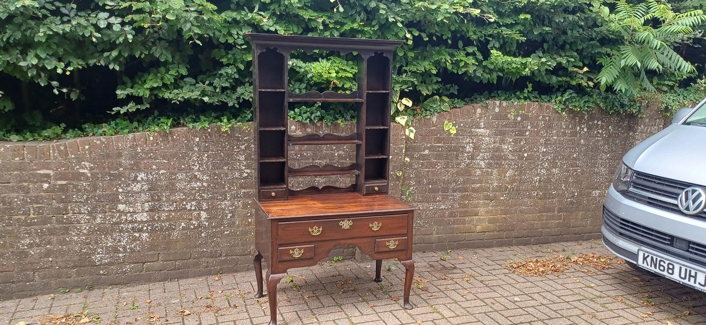 Antique Georgian Style Oak Welsh Dresser Base and Rack – Dark Stained Sideboard with Drawers and Open Shelves c.1920s Jacobean Revival