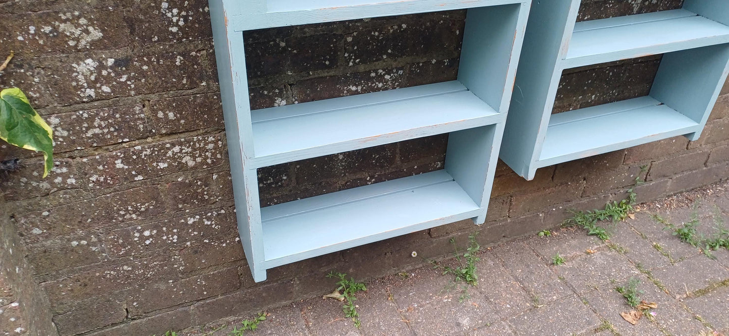 Pair of Vintage Rustic Painted Wall Shelves Distressed Blue Wooden Display Racks Country Cottage Kitchen Storage French Farmhouse Style