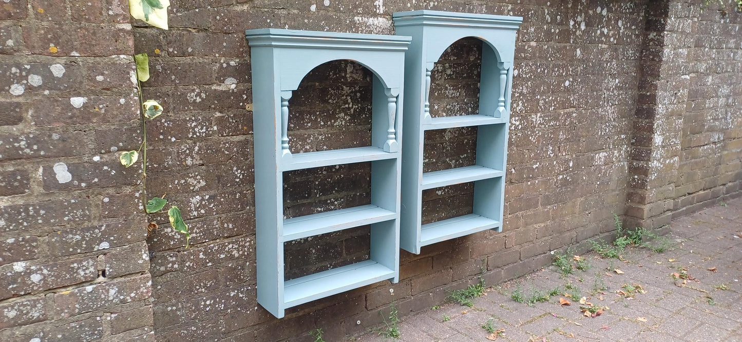 Pair of Vintage Rustic Painted Wall Shelves Distressed Blue Wooden Display Racks Country Cottage Kitchen Storage French Farmhouse Style