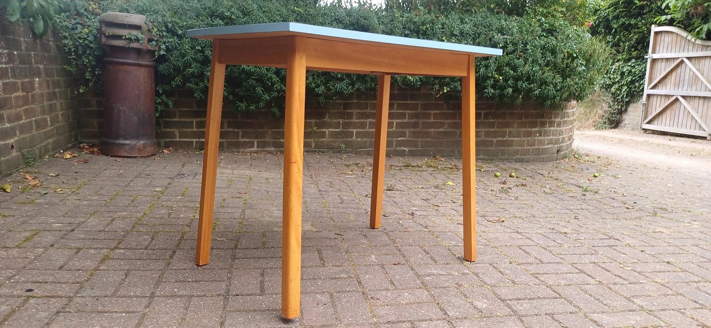 Vintage Mid Century Formica Kitchen Table Blue Retro Dining Table Wooden Legs 1950s 1960s Atomic Era Style Compact Dining Desk