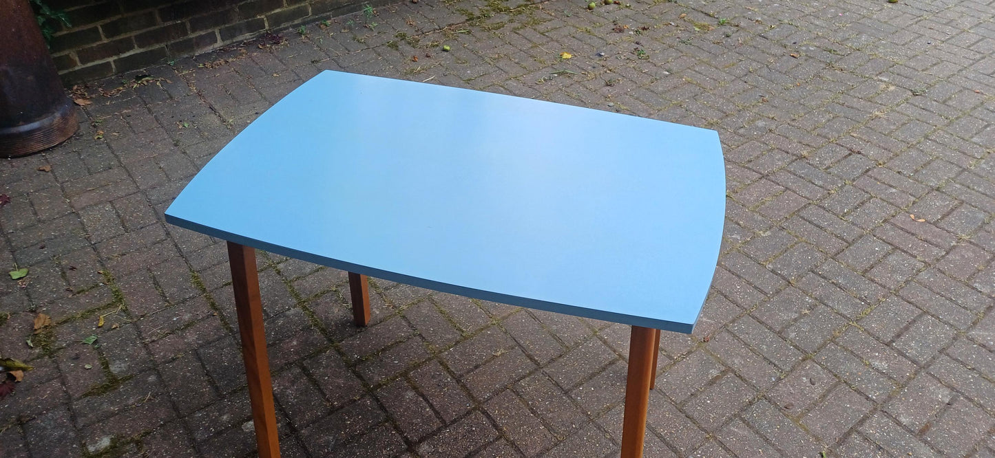 Vintage Mid Century Formica Kitchen Table Blue Retro Dining Table Wooden Legs 1950s 1960s Atomic Era Style Compact Dining Desk