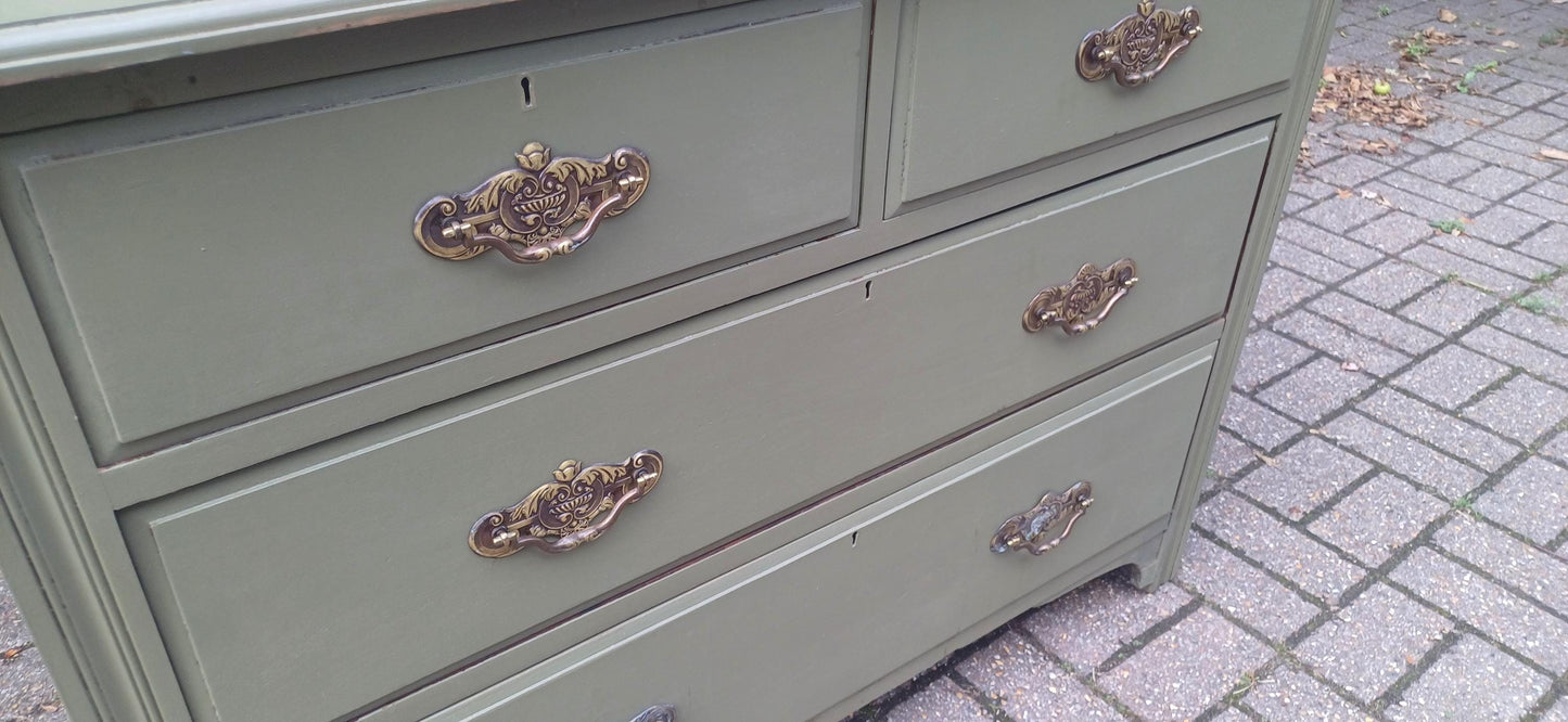 Vintage Olive Green Chest of Drawers Hand-Painted Antique Style Storage with Brass Handles Bedroom Furniture Shabby Chic FREE HAND Delivery