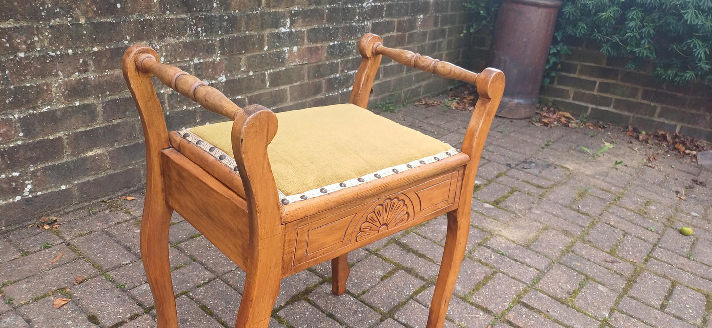 Antique Edwardian Carved Piano Stool – Lift-Up Seat Storage Stool with Green Velvet Upholstery, Arts & Crafts Vanity Bench circa 1910s