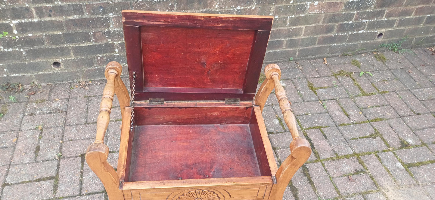 Antique Edwardian Carved Piano Stool – Lift-Up Seat Storage Stool with Green Velvet Upholstery, Arts & Crafts Vanity Bench circa 1910s