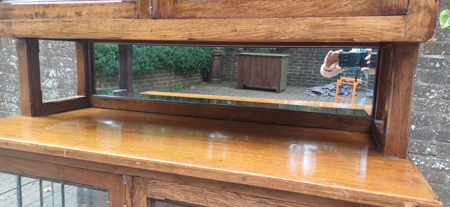 Massive Antique Arts & Crafts Oak Display Cabinet Leaded Glass Bookcase with Mirrored Back Glass Shelves Shopfitting FREE HAND Delivery
