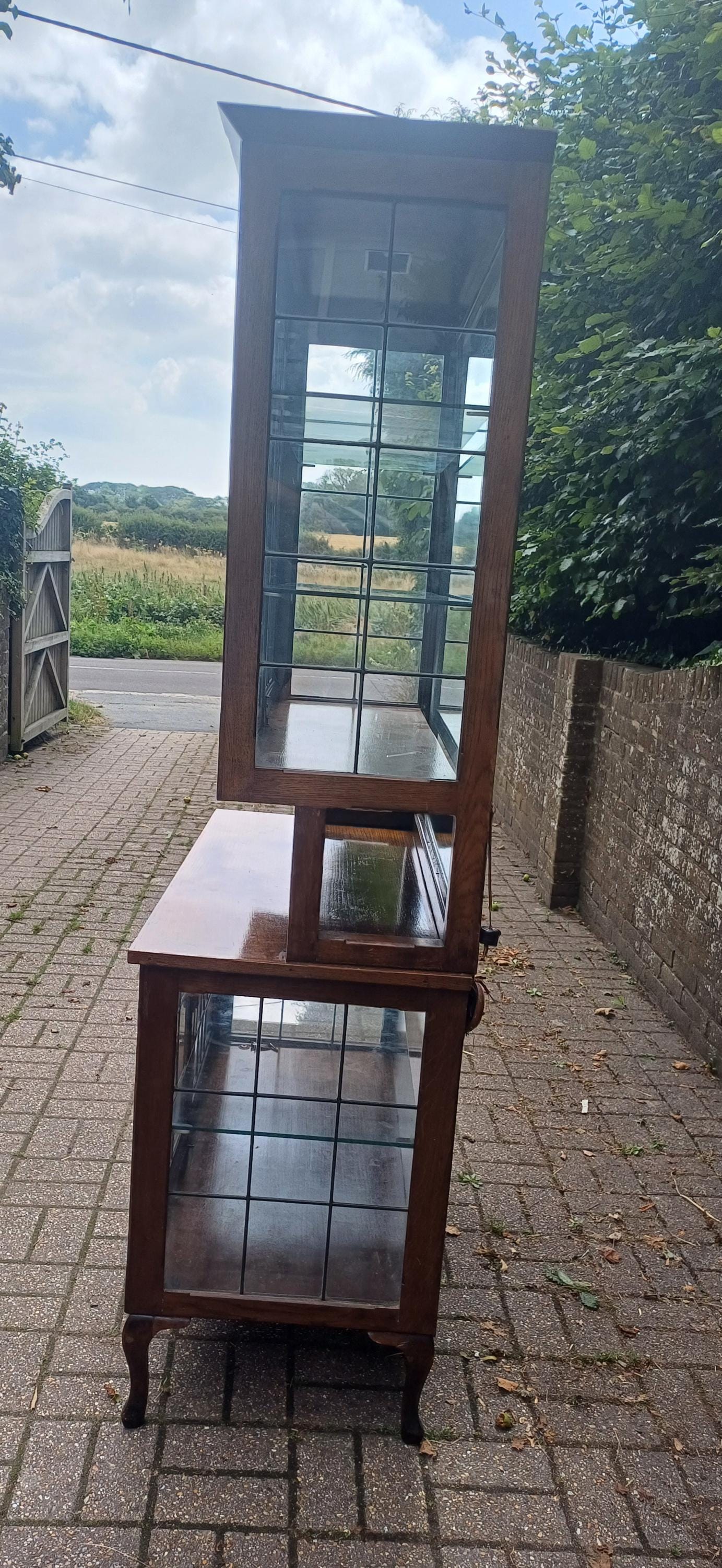 Massive Antique Arts & Crafts Oak Display Cabinet Leaded Glass Bookcase with Mirrored Back Glass Shelves Shopfitting FREE HAND Delivery