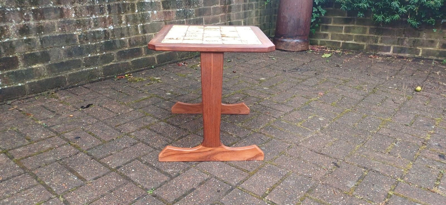 Vintage 1970s Danish Style Mid Century Tile Top Side Table – Teak Wood Accent Table with Retro Cream Glazed Ceramic Mosaic, Occasional Table