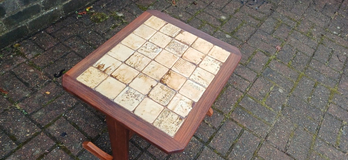 Vintage 1970s Danish Style Mid Century Tile Top Side Table – Teak Wood Accent Table with Retro Cream Glazed Ceramic Mosaic, Occasional Table