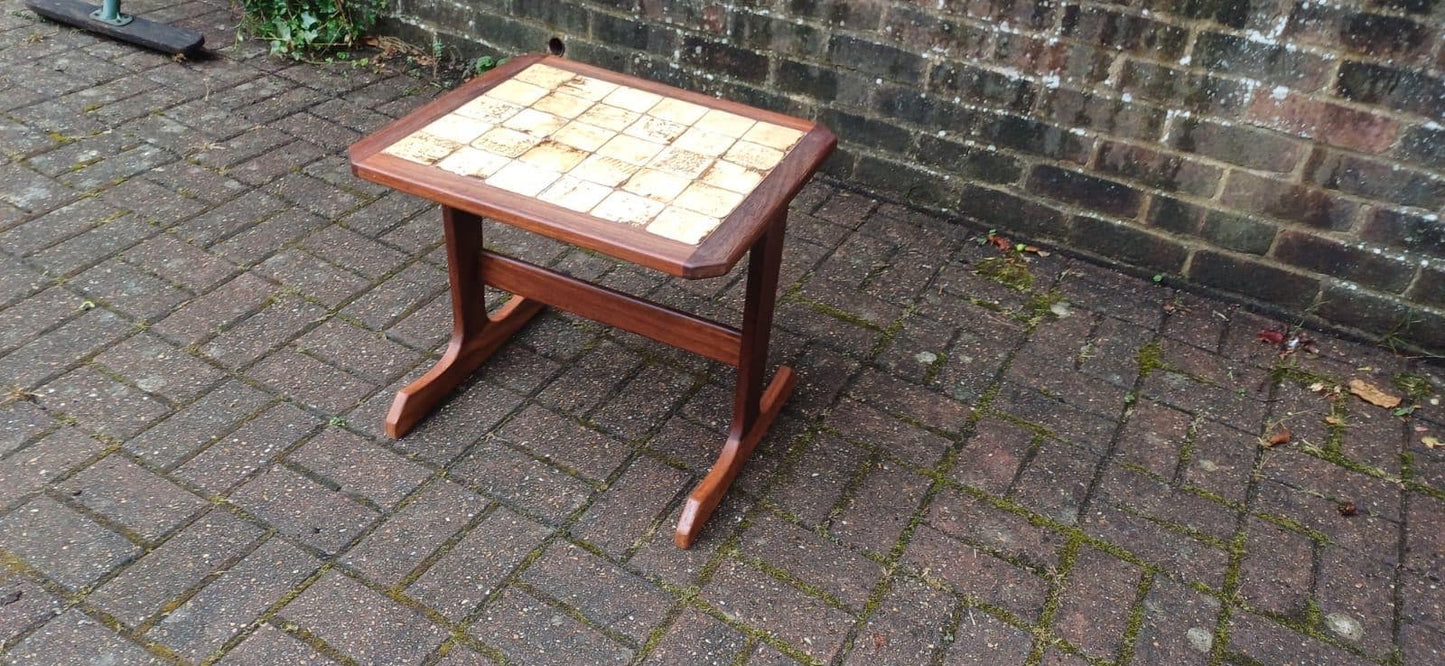 Vintage 1970s Danish Style Mid Century Tile Top Side Table – Teak Wood Accent Table with Retro Cream Glazed Ceramic Mosaic, Occasional Table