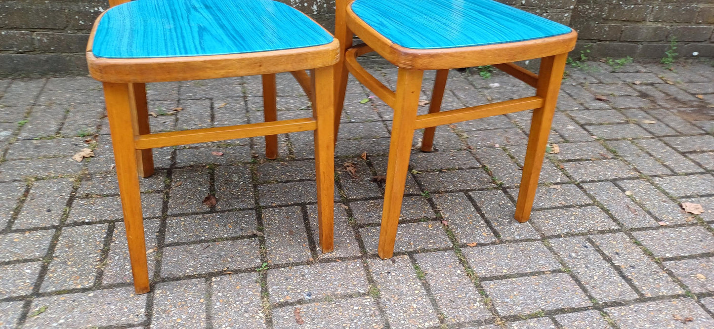 Pair of Vintage Retro Kitchen Chairs Classic 50s or 60s Utility Style Quirky Blue Seats Kitchen Dining Room Solid Beech
