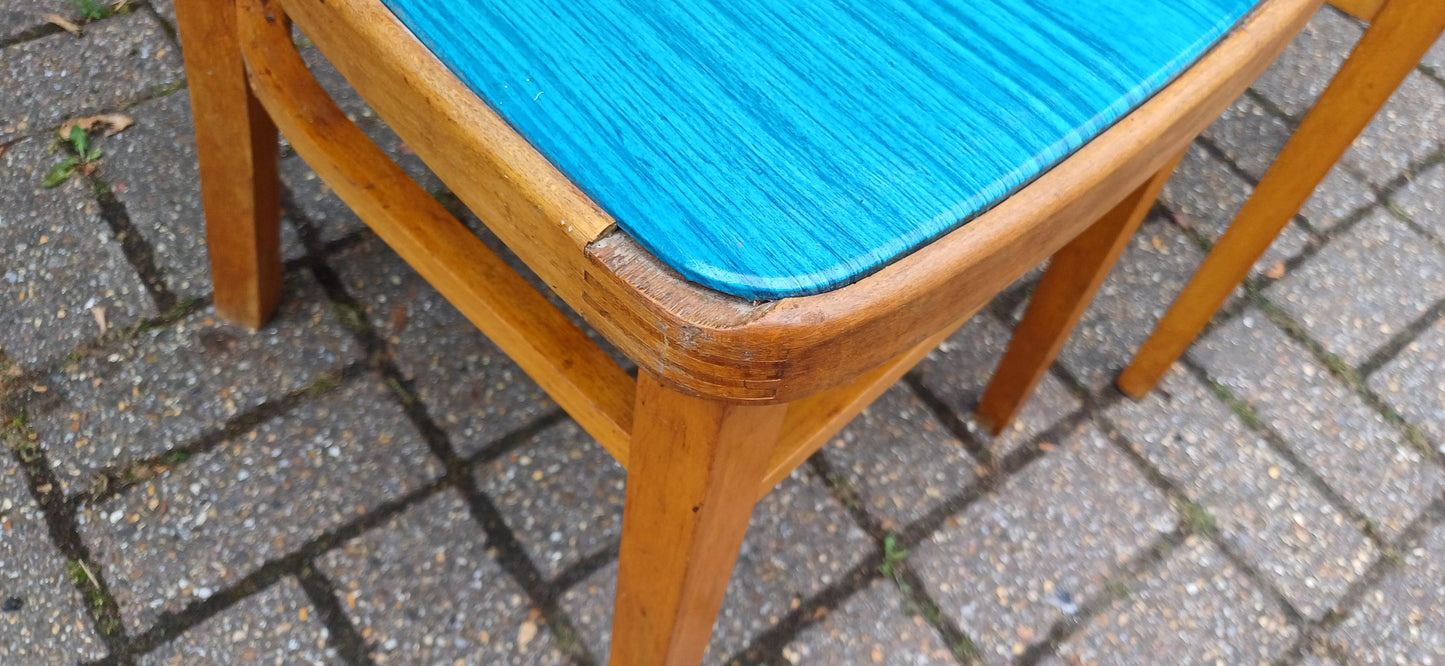 Pair of Vintage Retro Kitchen Chairs Classic 50s or 60s Utility Style Quirky Blue Seats Kitchen Dining Room Solid Beech
