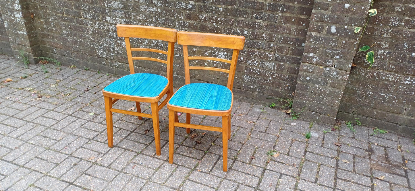 Pair of Vintage Retro Kitchen Chairs Classic 50s or 60s Utility Style Quirky Blue Seats Kitchen Dining Room Solid Beech