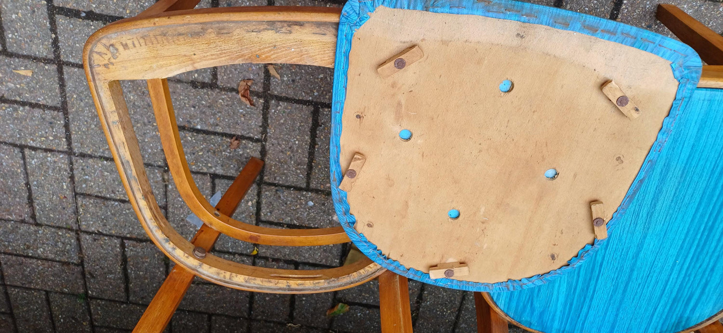 Pair of Vintage Retro Kitchen Chairs Classic 50s or 60s Utility Style Quirky Blue Seats Kitchen Dining Room Solid Beech
