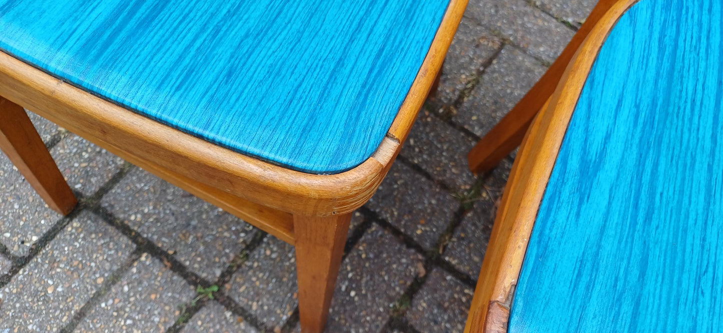Pair of Vintage Retro Kitchen Chairs Classic 50s or 60s Utility Style Quirky Blue Seats Kitchen Dining Room Solid Beech