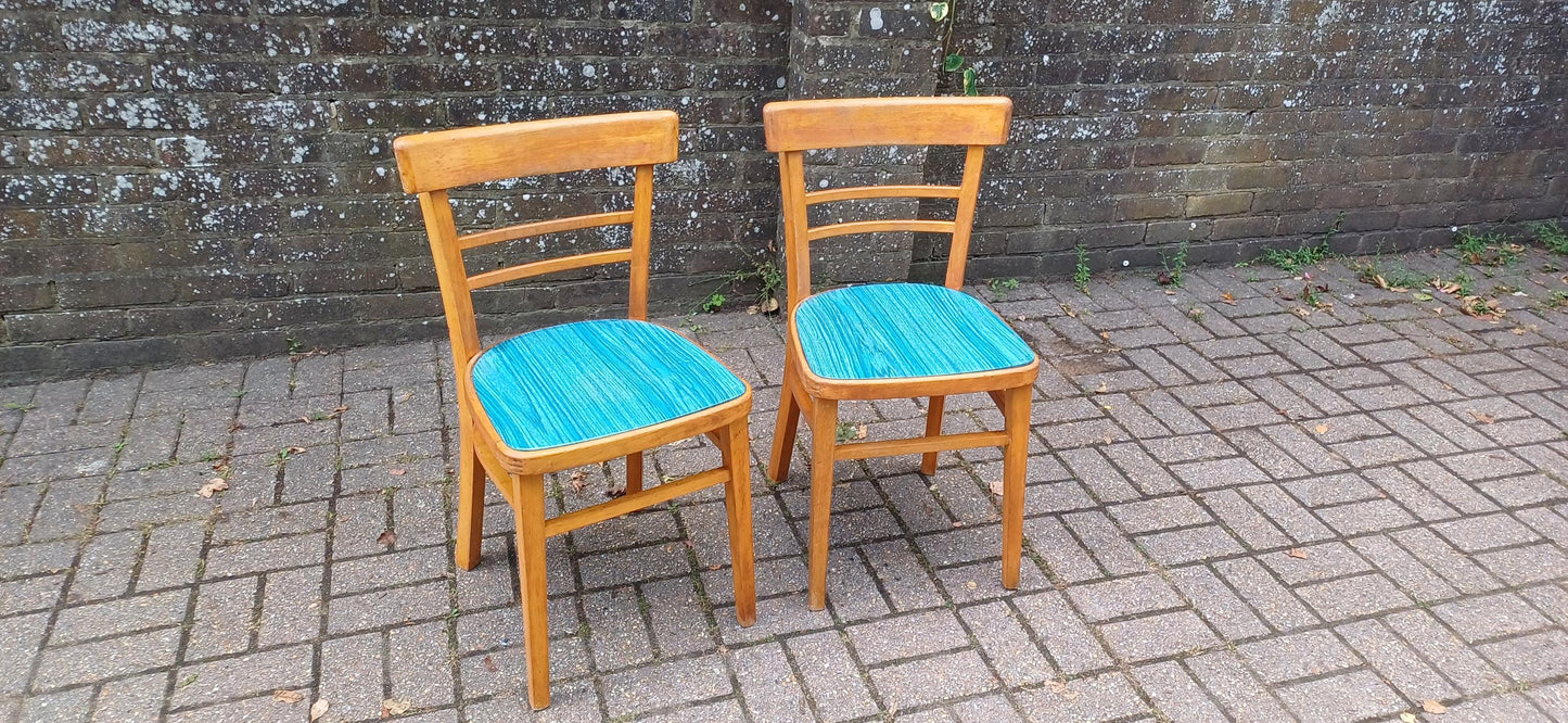 Pair of Vintage Retro Kitchen Chairs Classic 50s or 60s Utility Style Quirky Blue Seats Kitchen Dining Room Solid Beech