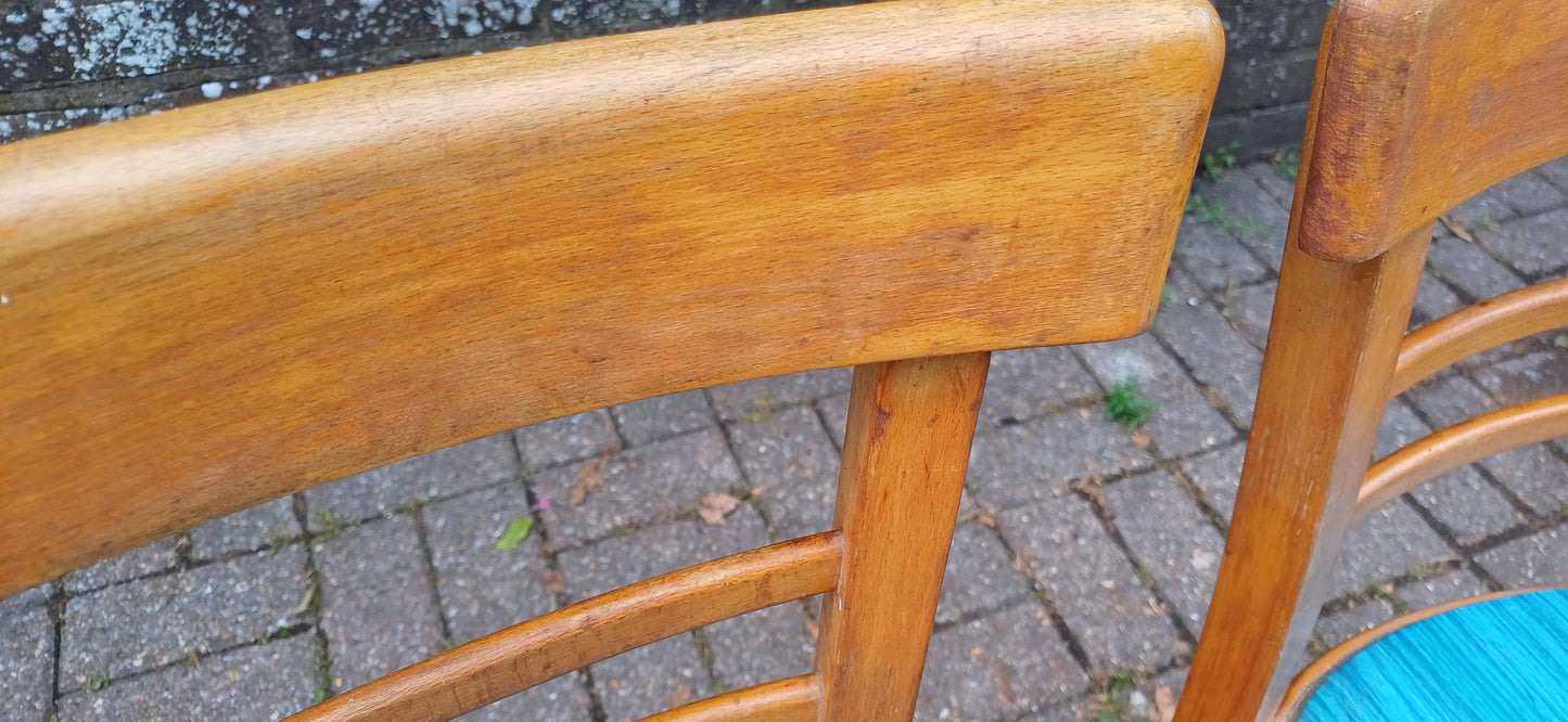 Pair of Vintage Retro Kitchen Chairs Classic 50s or 60s Utility Style Quirky Blue Seats Kitchen Dining Room Solid Beech