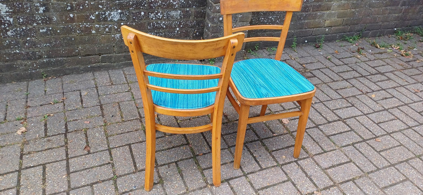 Pair of Vintage Retro Kitchen Chairs Classic 50s or 60s Utility Style Quirky Blue Seats Kitchen Dining Room Solid Beech