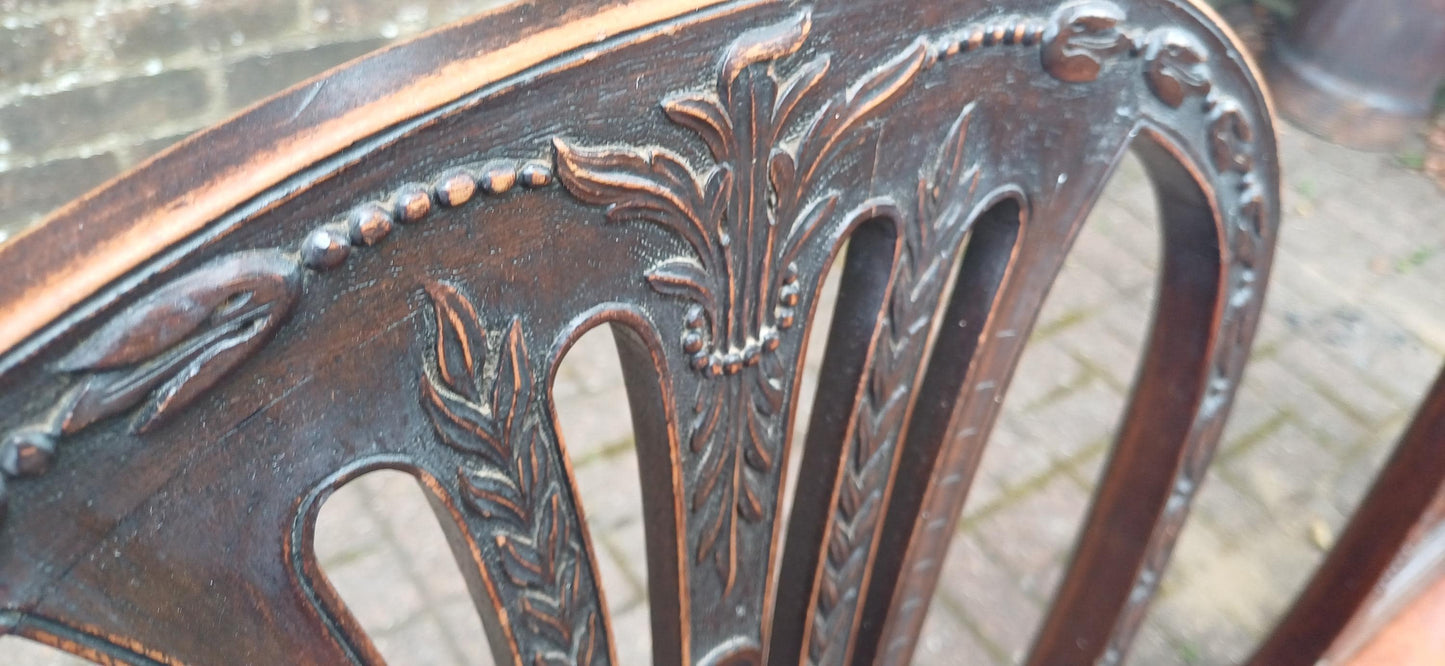 Set of 6 Antique Edwardian Dining Chairs Carved Backs and Original Leather Seats Mahogany c.1900 Arts & Crafts Revival FREE HAND Delivery