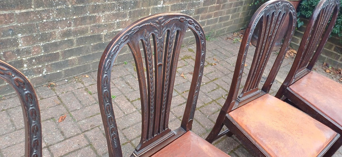 Set of 6 Antique Edwardian Dining Chairs Carved Backs and Original Leather Seats Mahogany c.1900 Arts & Crafts Revival FREE HAND Delivery