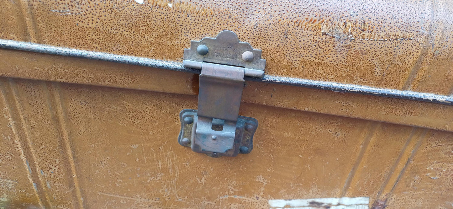 Vintage Victorian Industrial Metal Travel Trunk Storage Chest, Riveted Construction & Original Hardware –Quirky Coffee Table 'Jesters' Epson