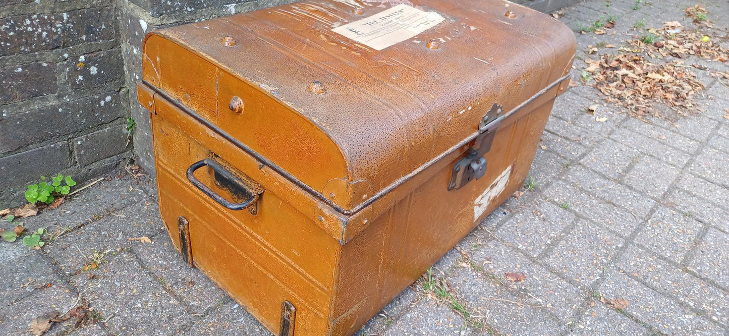 Vintage Victorian Industrial Metal Travel Trunk Storage Chest, Riveted Construction & Original Hardware –Quirky Coffee Table 'Jesters' Epson