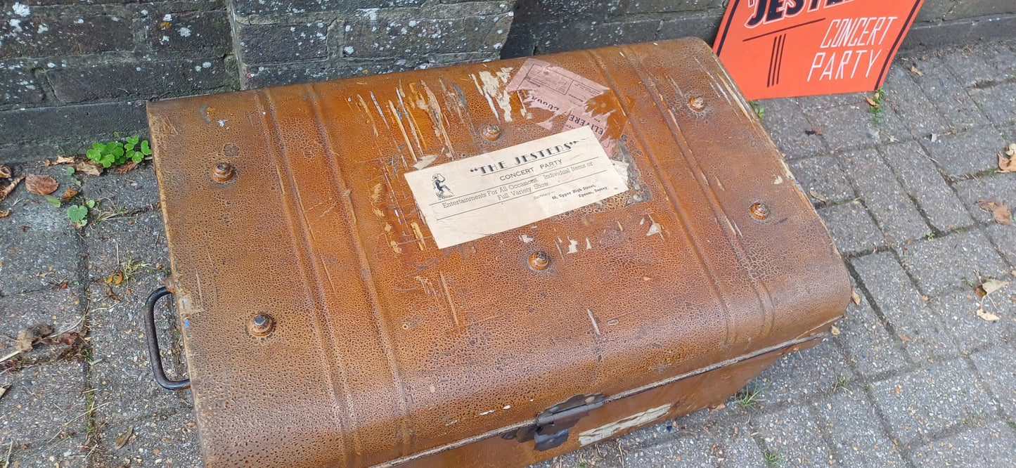Vintage Victorian Industrial Metal Travel Trunk Storage Chest, Riveted Construction & Original Hardware –Quirky Coffee Table 'Jesters' Epson