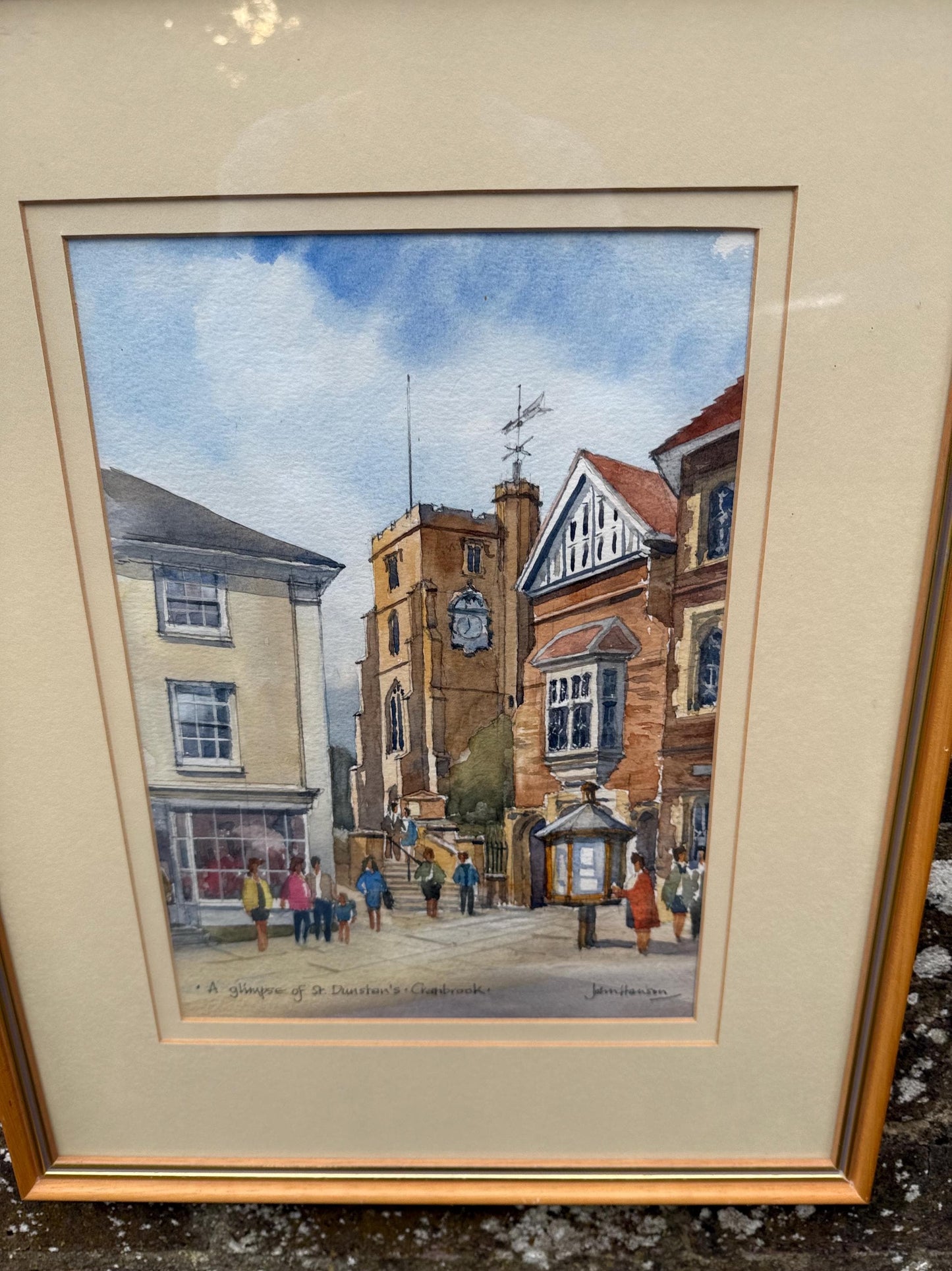 Framed Vintage Watercolour of St. Dunstan’s Church Cranbrook by John Hanson – Original Kent Street Scene, Signed, Charming Detail