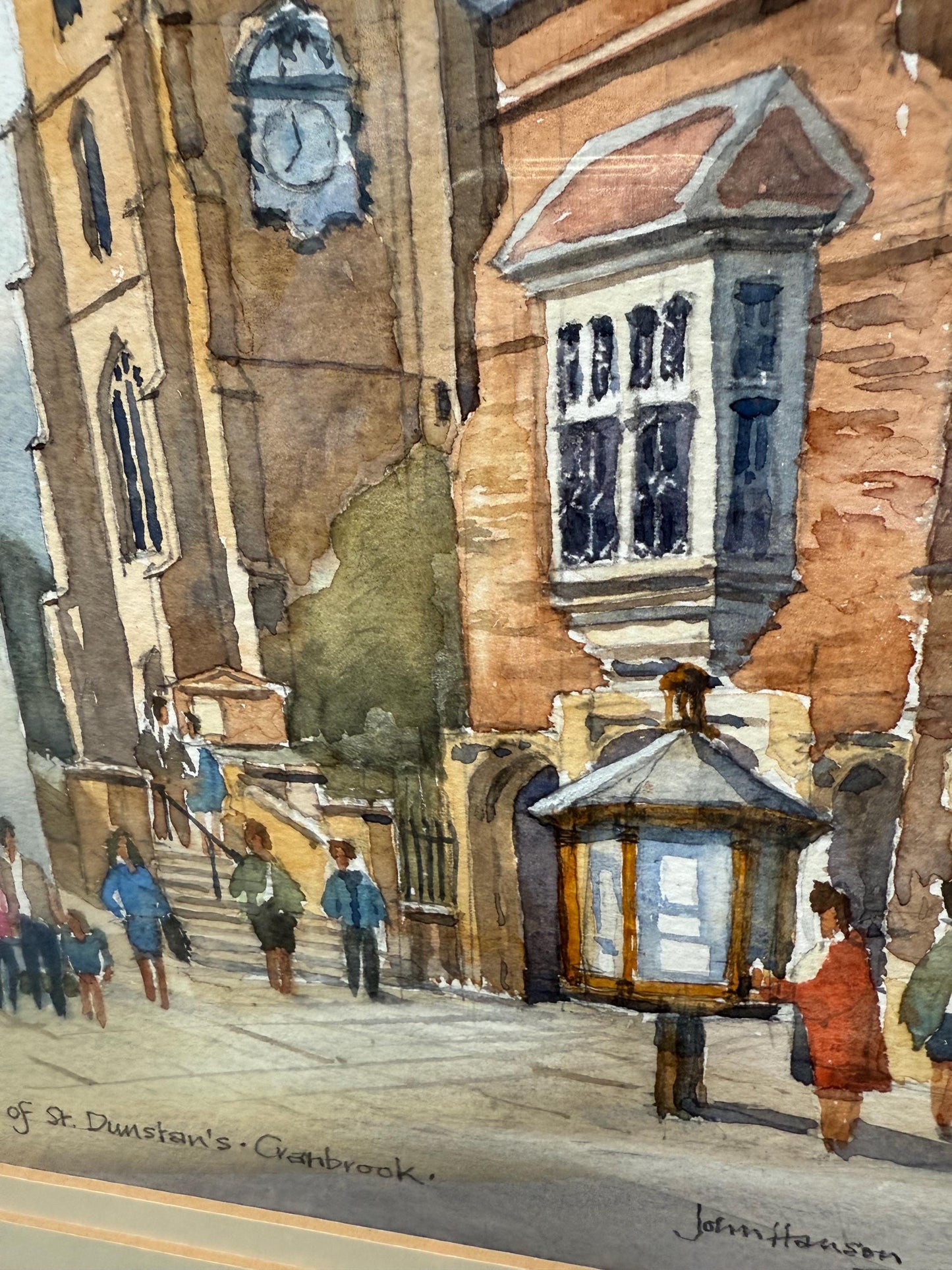 Framed Vintage Watercolour of St. Dunstan’s Church Cranbrook by John Hanson – Original Kent Street Scene, Signed, Charming Detail