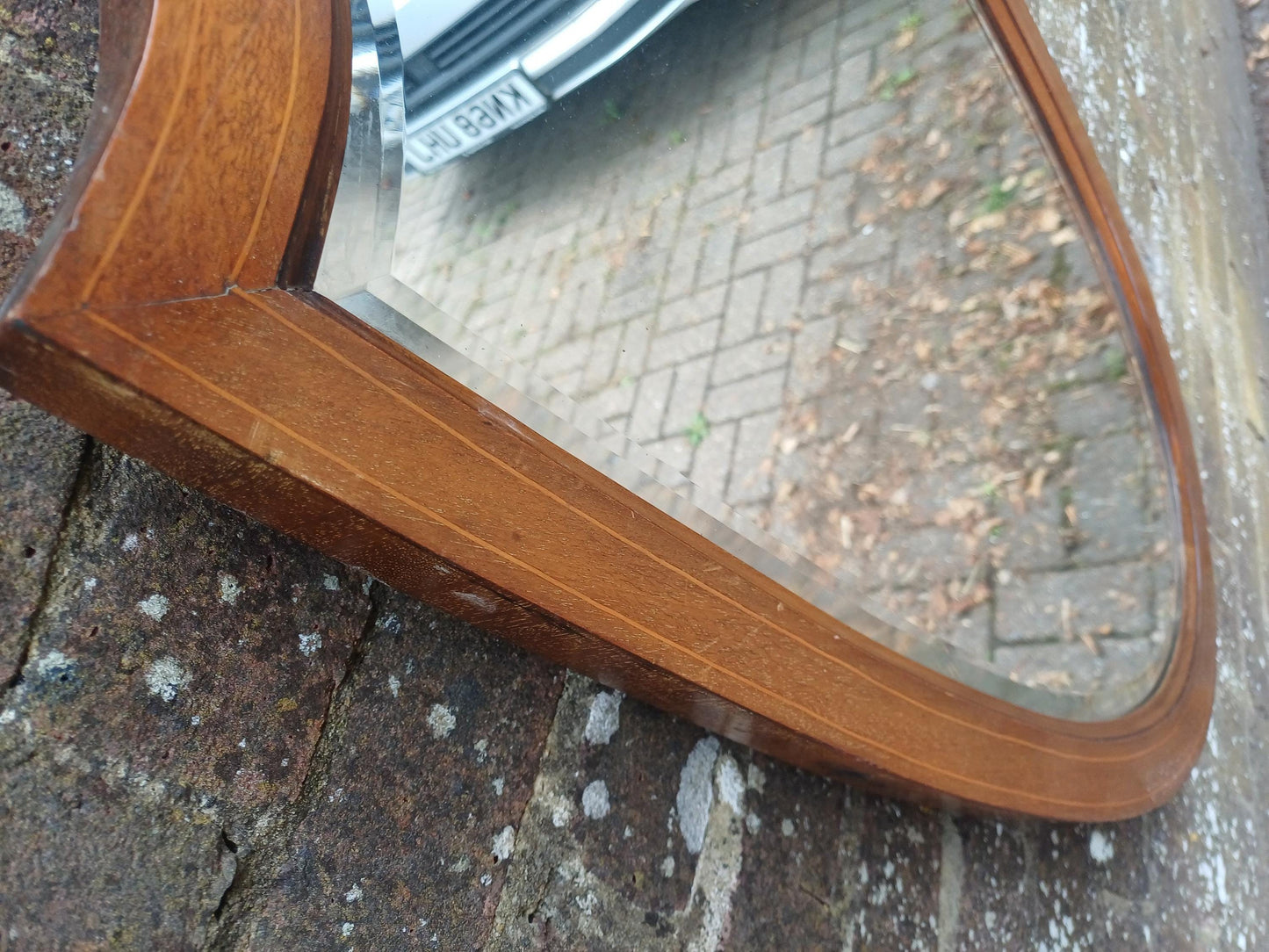 Vintage 1920s Shield Shaped Wall Mirror – Elegant Bevelled Glass & Inlaid Wood Frame – Former Early 20th Century Dressing Table Mirror