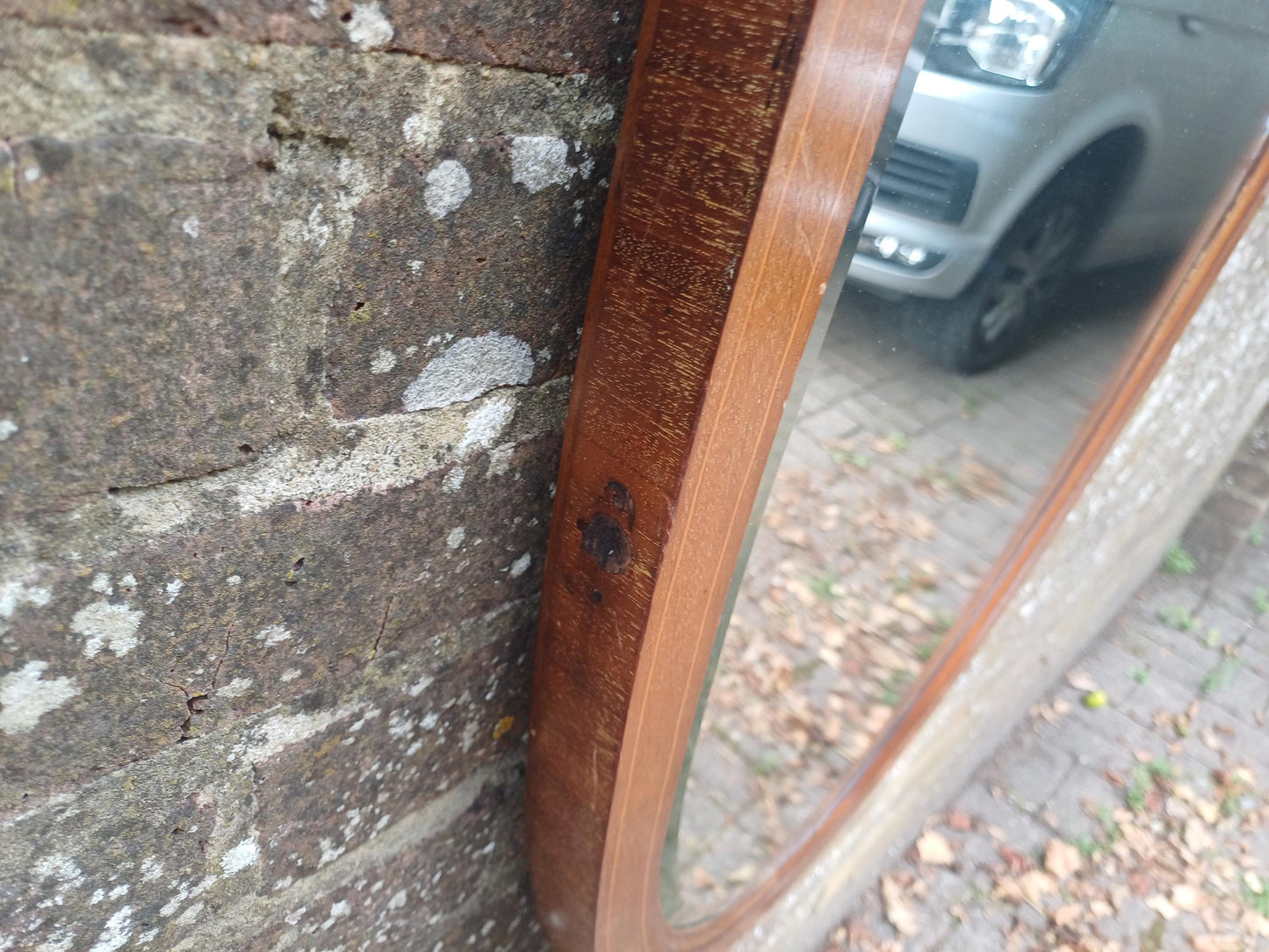 Vintage 1920s Shield Shaped Wall Mirror – Elegant Bevelled Glass & Inlaid Wood Frame – Former Early 20th Century Dressing Table Mirror