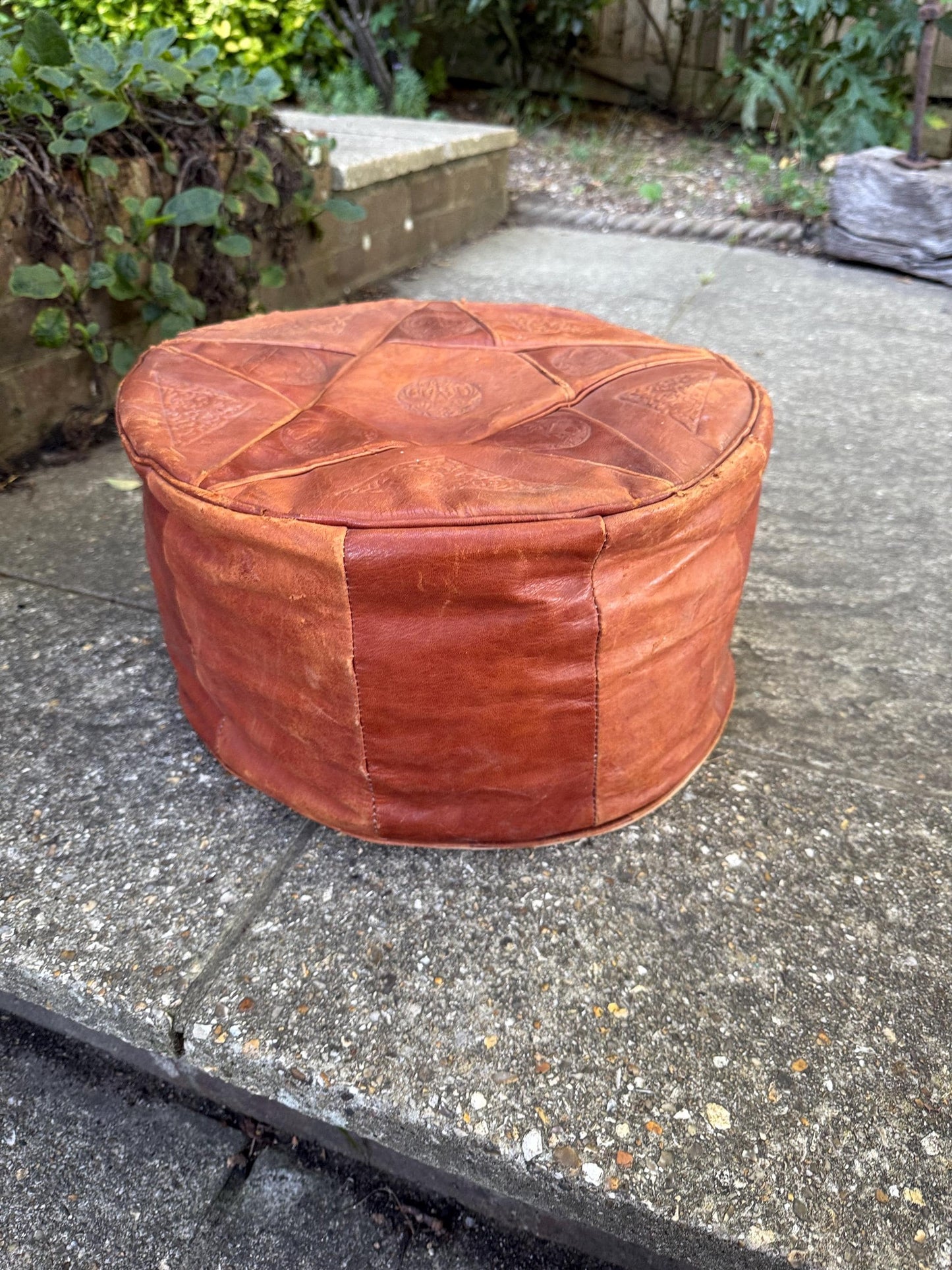 Vintage Leatherette Moroccan-Style Pouf – Embossed Tan Footstool with threaded Base, rustic and comfy