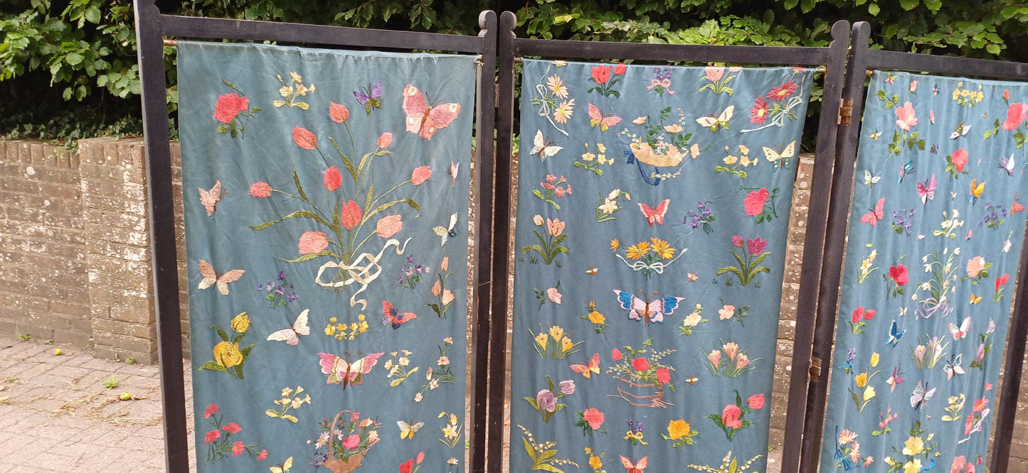 Massive Vintage Embroidered Folding Room Divider | Embroidered Screen with Floral and Butterfly Motifs Privacy Panel FREE HAND Delivery