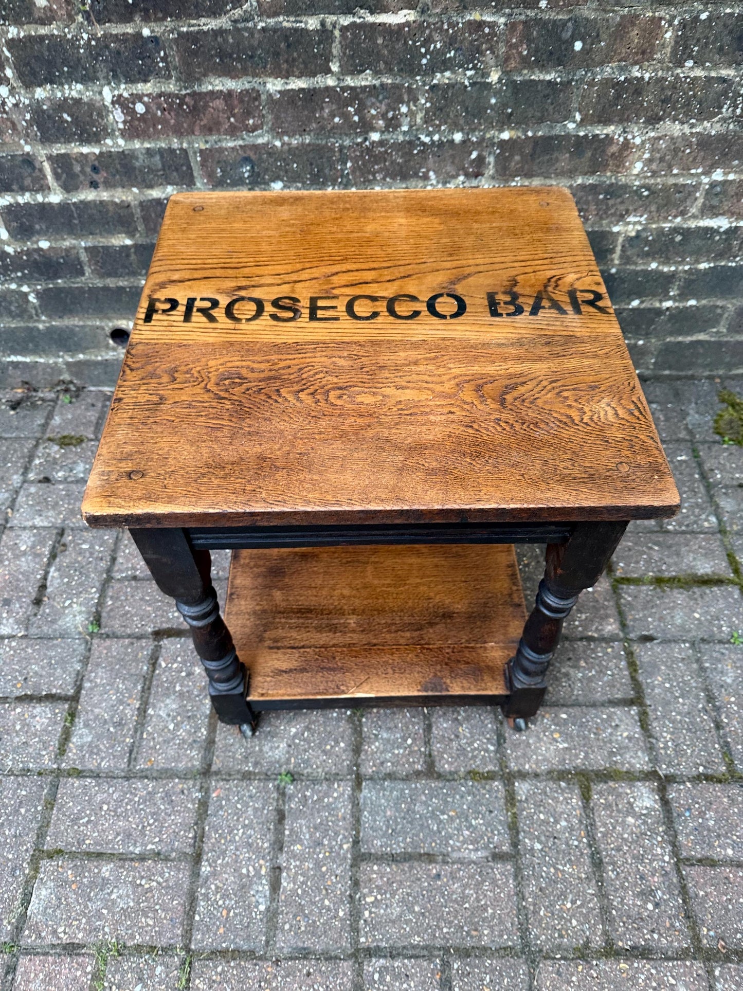 Vintage upcycled solid oak trolley / side table. Sanded and oiled top and shelf. Wheels. Prosecco Bar label. Cocktail table, Bar furniture