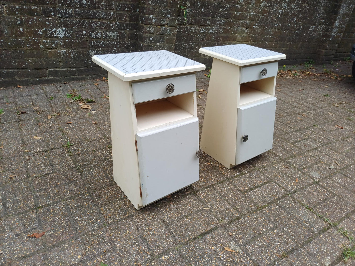 Dalek Lookalike! Cute Pair of 1950s Retro Bedside Cupboards Star Pattern Tops Slanted Front Storage Vintage Cabinets Upcycled Nightstands
