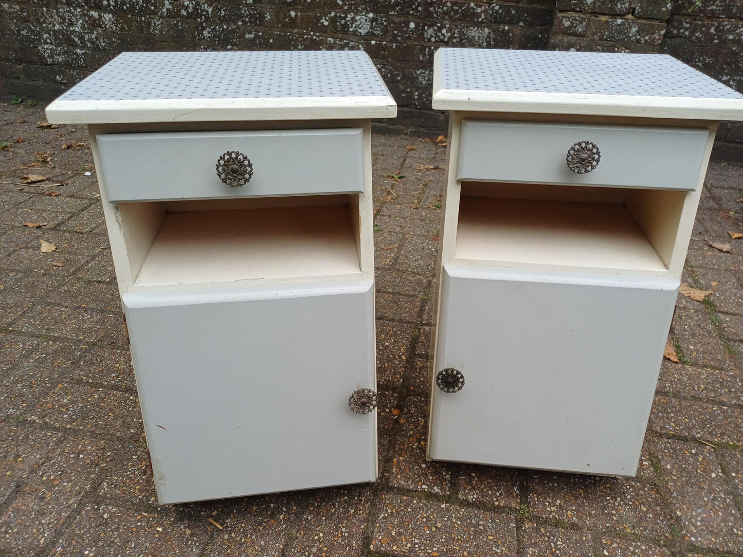 Dalek Lookalike! Cute Pair of 1950s Retro Bedside Cupboards Star Pattern Tops Slanted Front Storage Vintage Cabinets Upcycled Nightstands