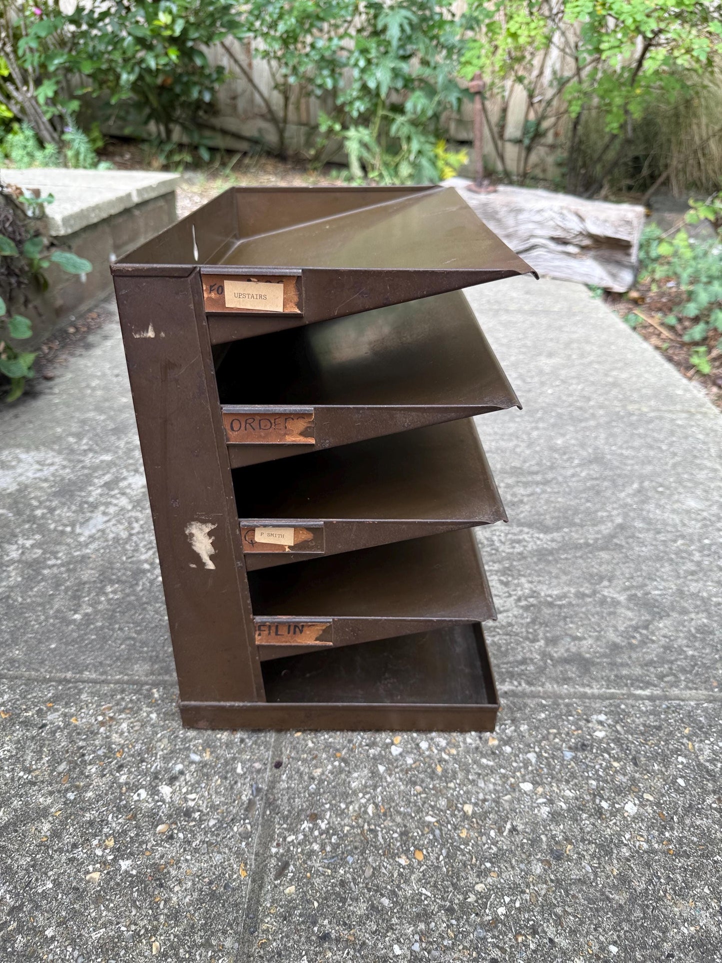 Vintage 1950s Industrial Metal Filing Tray, 4 Tier Desk Organiser, Retro Office Storage, Brown Steel Letter Sorter, Mid Century Decor