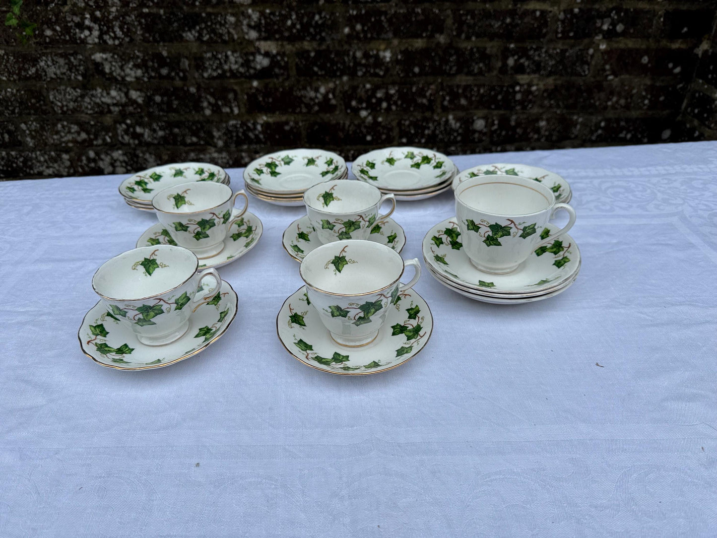 Vintage Colclough Ivy Pattern Bone China Tea Set, English Afternoon Tea Service, Cups Saucers Plates Bowls Jug Sugar Bowl, c.1960s 45 pieces