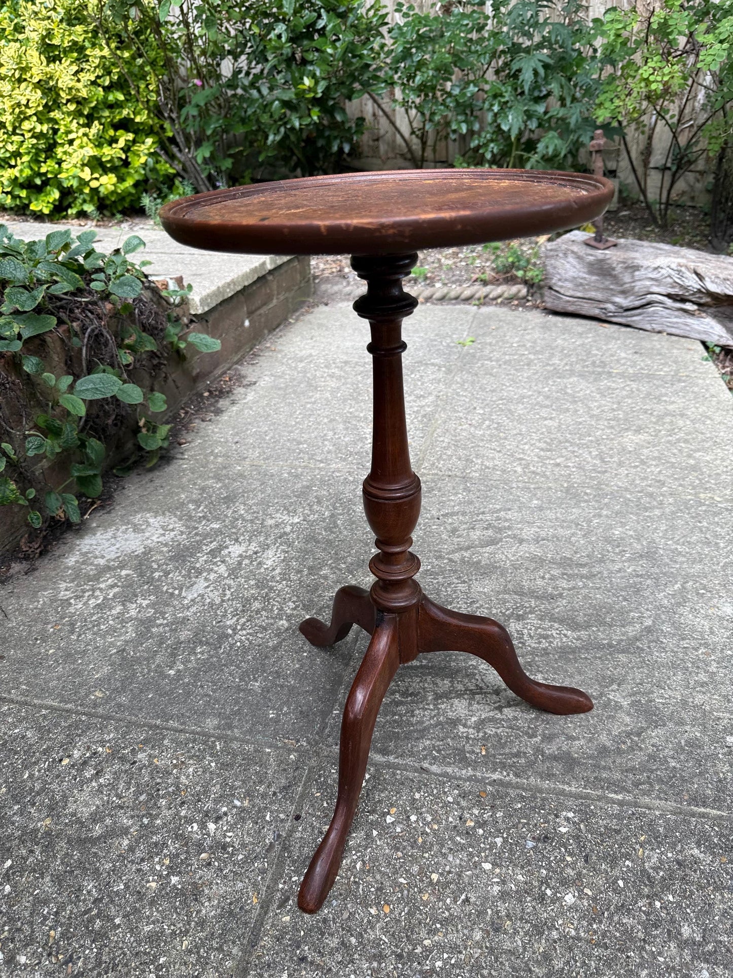 Shabby Vintage Wine Table, Round Tripod Side Table with Leather Inlay, Rustic Patina, upcycle project, Country House Style