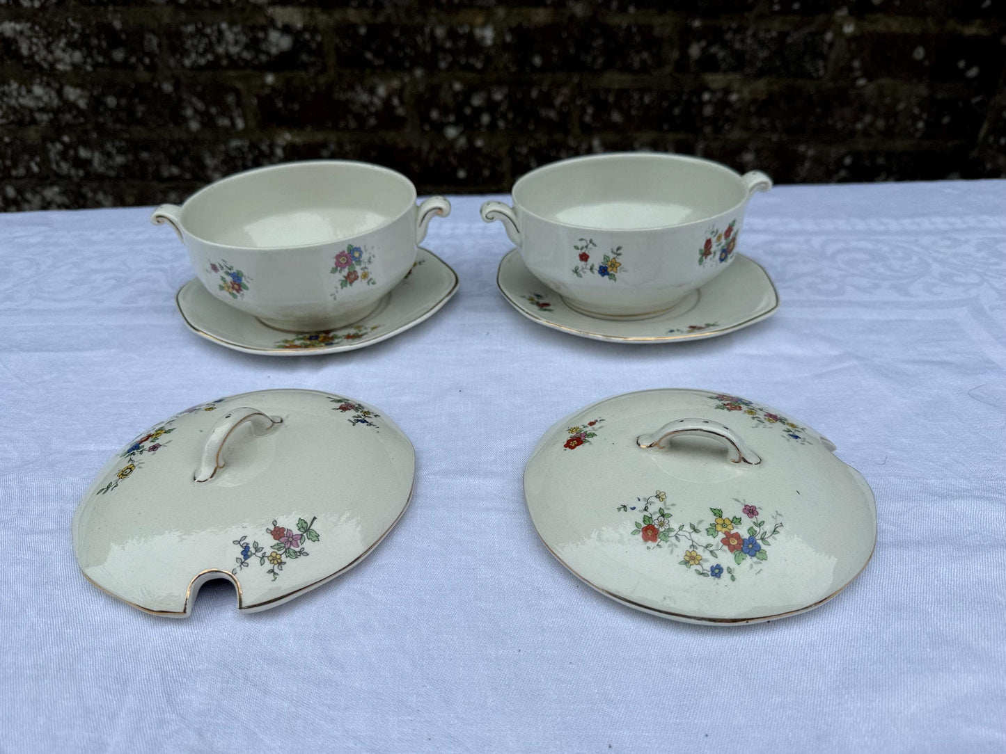 Antique Empire Works England Tureen Set x 4, 1920s Hand Painted Floral Ironstone, Lidded Serving Dishes & Ladles, Vintage Tableware