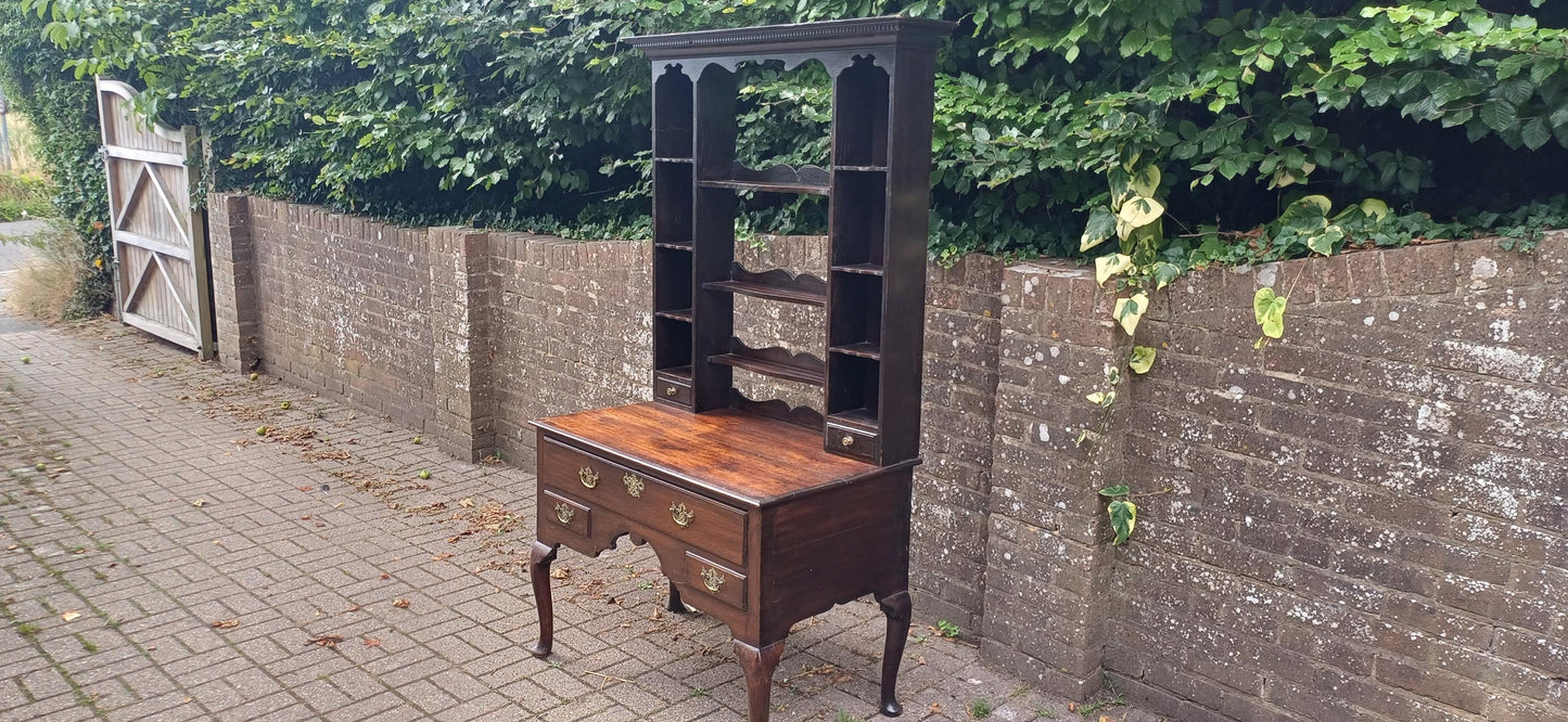 Antique Georgian Style Oak Welsh Dresser Base and Rack – Dark Stained Sideboard with Drawers and Open Shelves c.1920s Jacobean Revival