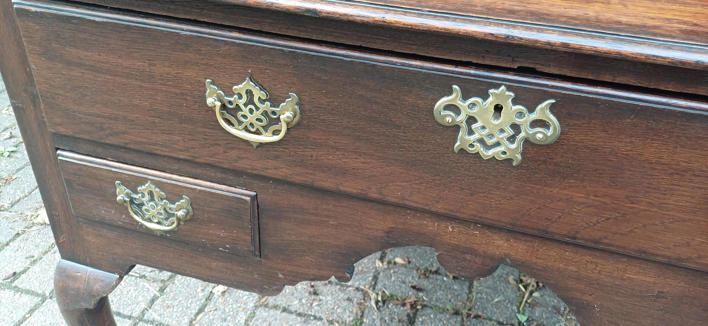Antique Georgian Style Oak Welsh Dresser Base and Rack – Dark Stained Sideboard with Drawers and Open Shelves c.1920s Jacobean Revival