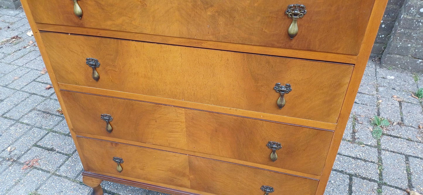 Vintage Georgian Style Burr Walnut Veneer Chest of Drawers on Cabriole Legs 20th Century Tallboy with Serpentine Front FREE HAND Delivery