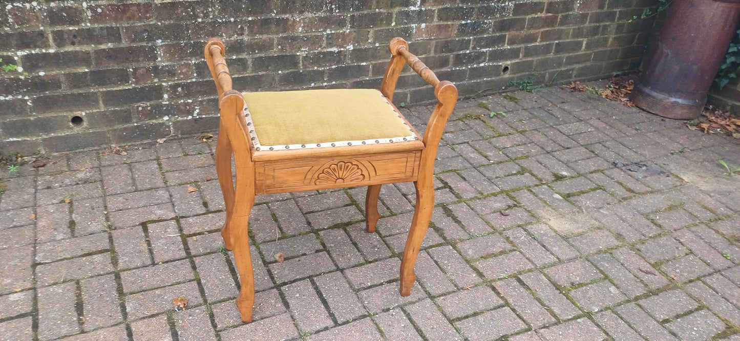 Antique Edwardian Carved Piano Stool – Lift-Up Seat Storage Stool with Green Velvet Upholstery, Arts & Crafts Vanity Bench circa 1910s
