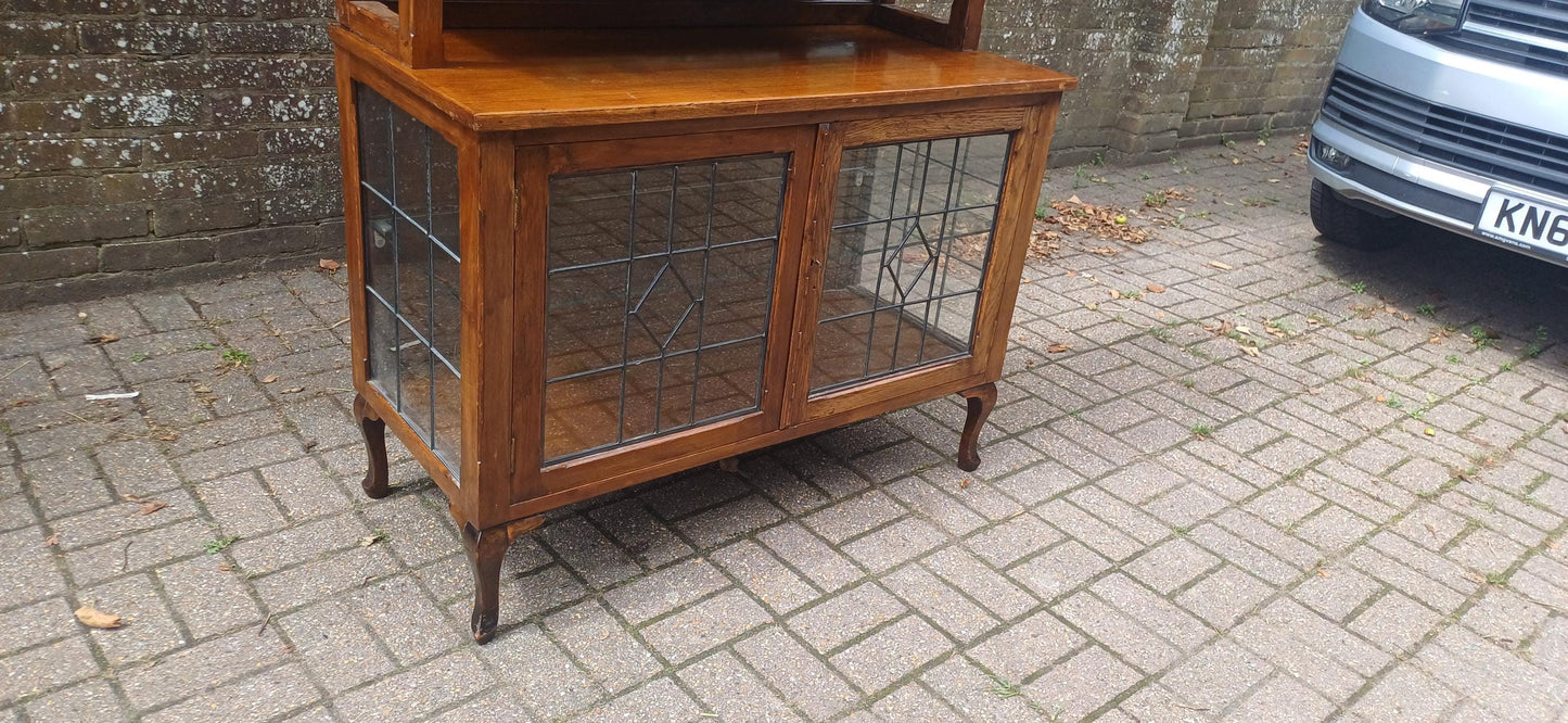 Massive Antique Arts & Crafts Oak Display Cabinet Leaded Glass Bookcase with Mirrored Back Glass Shelves Shopfitting FREE HAND Delivery