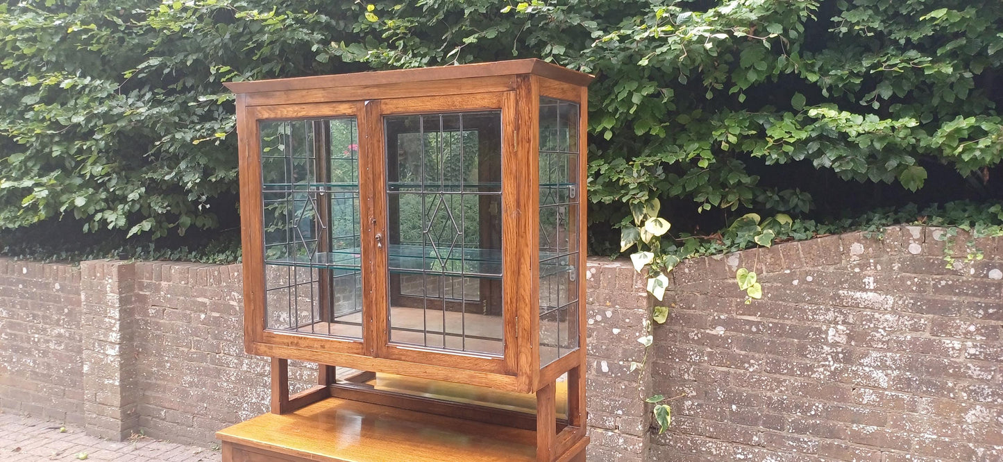 Massive Antique Arts & Crafts Oak Display Cabinet Leaded Glass Bookcase with Mirrored Back Glass Shelves Shopfitting FREE HAND Delivery