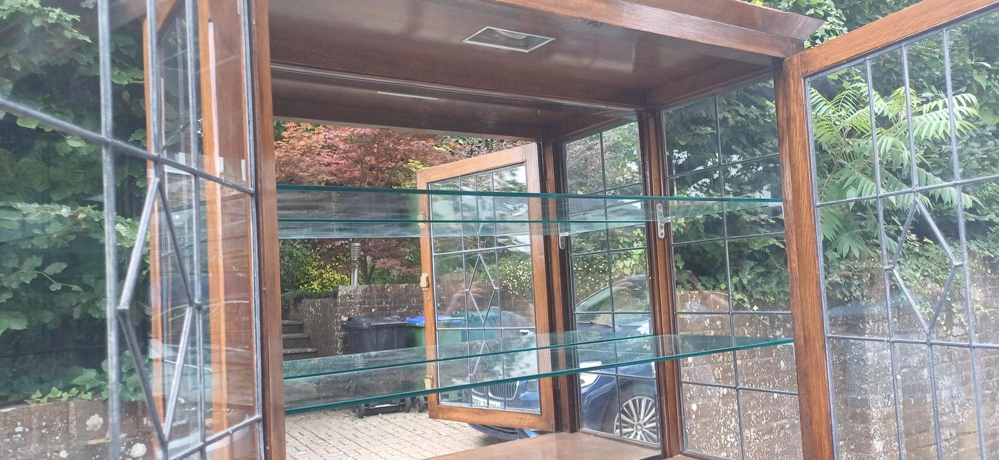 Massive Antique Arts & Crafts Oak Display Cabinet Leaded Glass Bookcase with Mirrored Back Glass Shelves Shopfitting FREE HAND Delivery