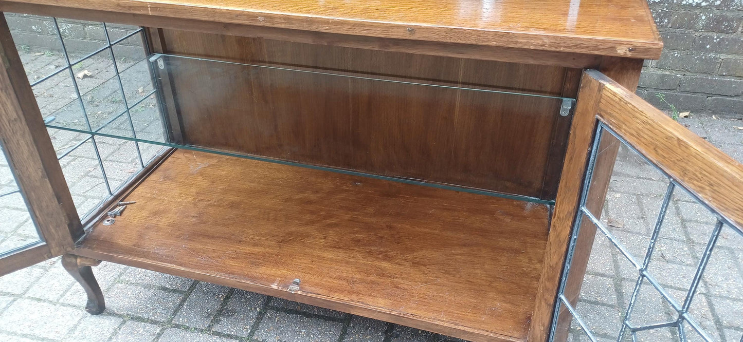 Massive Antique Arts & Crafts Oak Display Cabinet Leaded Glass Bookcase with Mirrored Back Glass Shelves Shopfitting FREE HAND Delivery