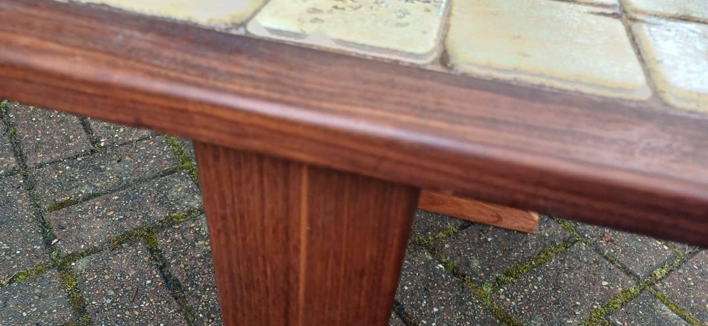 Vintage 1970s Danish Style Mid Century Tile Top Side Table – Teak Wood Accent Table with Retro Cream Glazed Ceramic Mosaic, Occasional Table